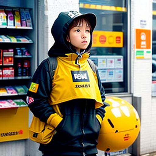 a young boy standing in front of a store with a helmet on his head and a yellow helmet on his shoulder