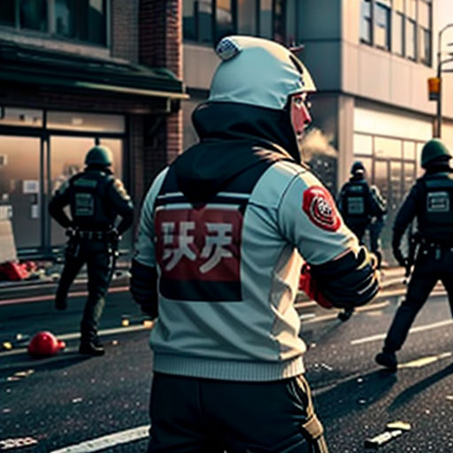 a group of police officers standing on the side of a road next to a building and a street sign