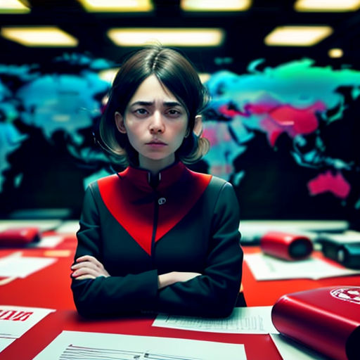 a woman sitting at a table with a red laptop in front of her and a world map behind her