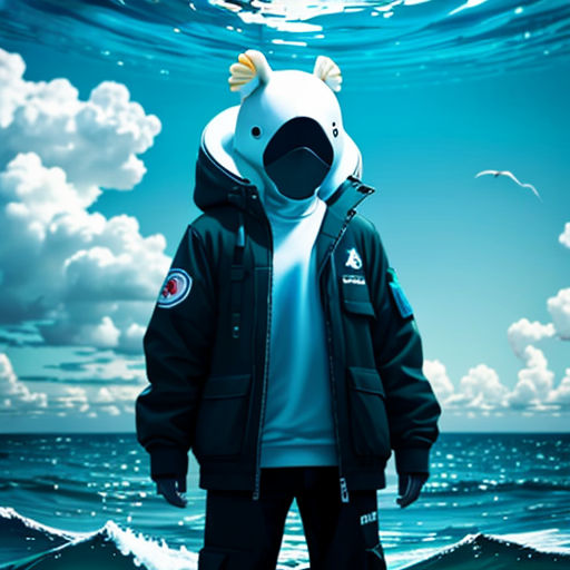 a man standing in front of a painting of a bear wearing a jacket and a hoodie with a hood on