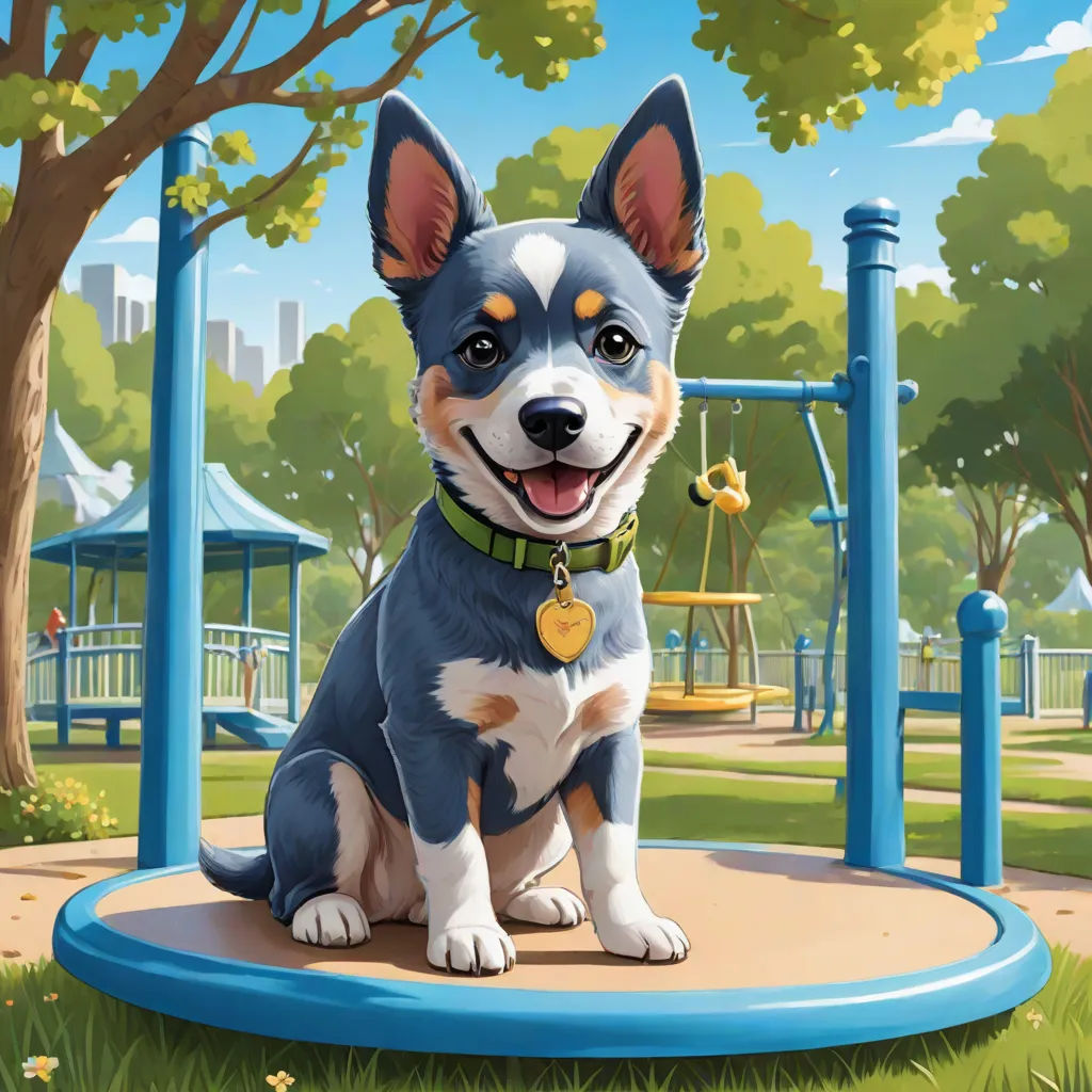 a dog sitting on a playground in a park with a swing set and trees in the background, with a playground in the foreground, key art, sots art, concept art, Chris LaBrooy