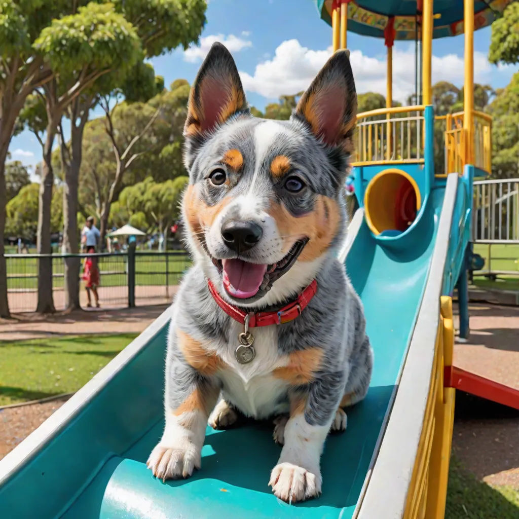 a dog sitting on a slide in a park with a playground in the background and people in the background, kodachrome, color field, a stock photo, Chris LaBrooy