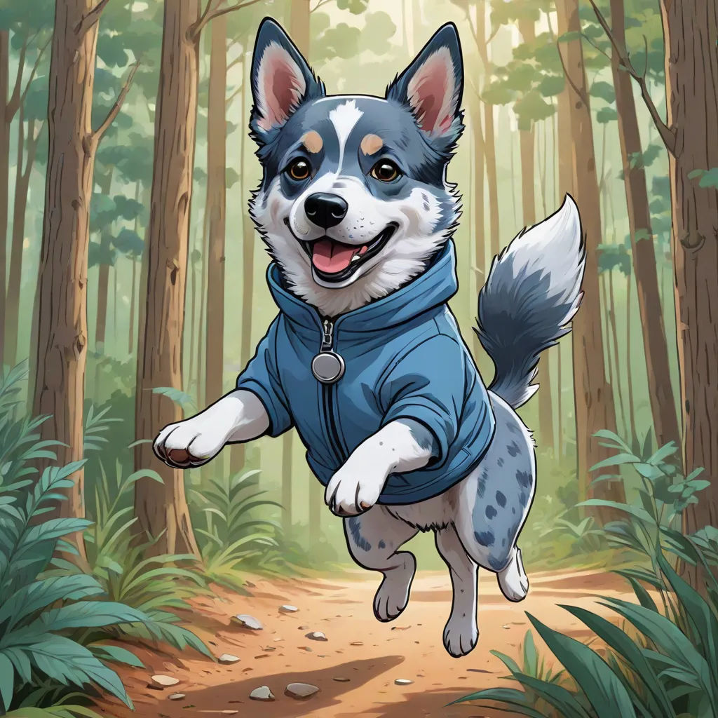 a dog is jumping in the air in the woods with trees and leaves behind him and a forest background, official art, furry art, a comic book panel, Derek Hill