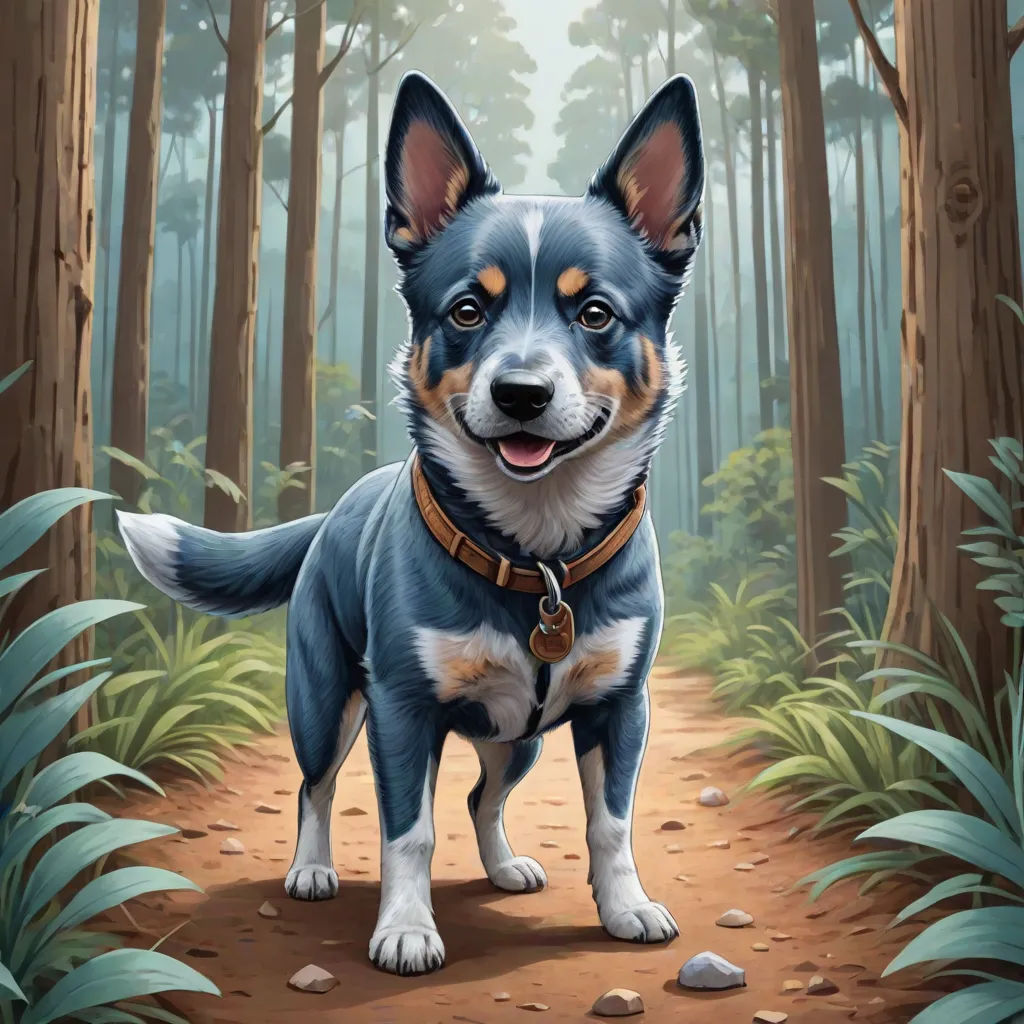 a painting of a dog standing in a forest with a trail in the background and trees and leaves around it, key art, sots art, concept art, Chris LaBrooy