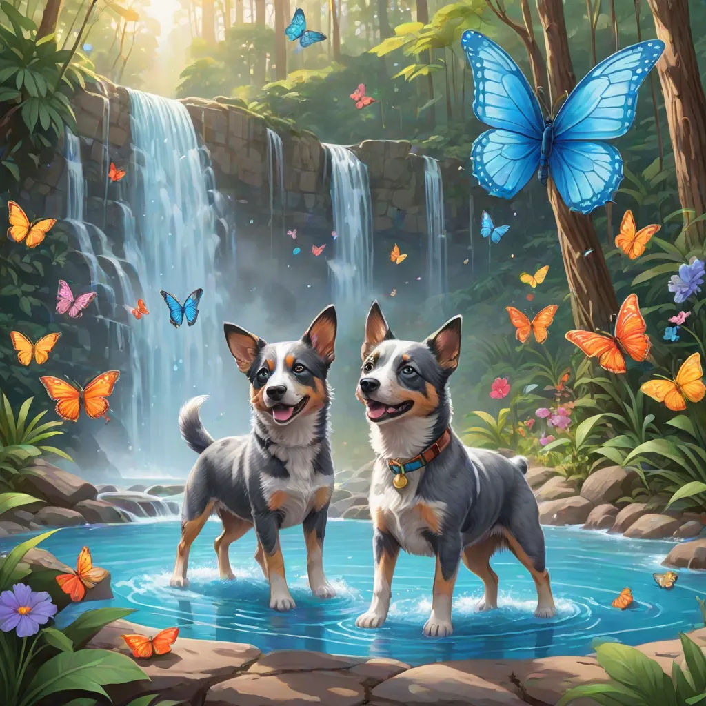 two dogs standing in a pool of water with a waterfall in the background and butterflies flying around them,, kinkade, furry art, concept art, Anne Stokes