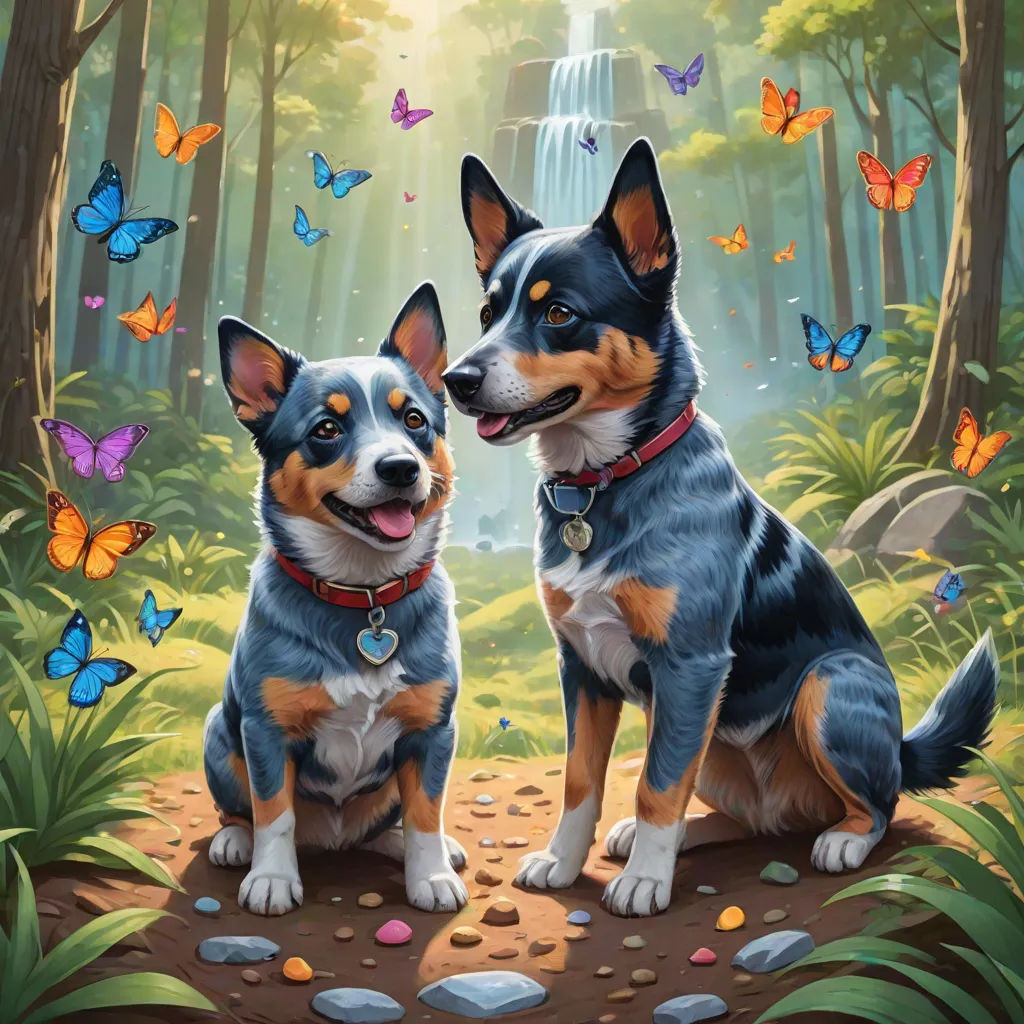 two dogs sitting on a rock in a forest with butterflies flying around them and a waterfall in the background, key art, sots art, a detailed painting, Brothers Hildebrandt