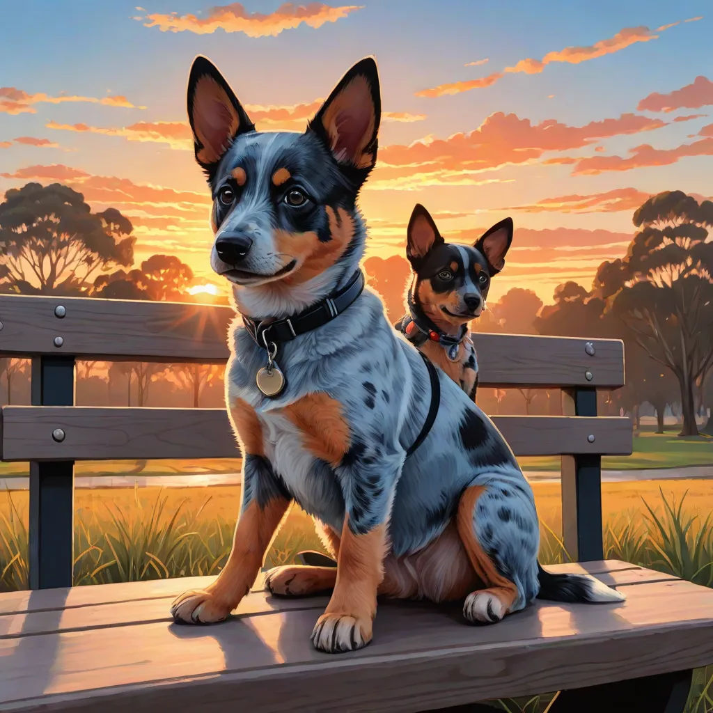 a painting of two dogs sitting on a bench at sunset, one is looking at the camera and the other is looking at the camera, highly detailed digital painting, photorealism, a hyperrealistic painting, Aaron Jasinski