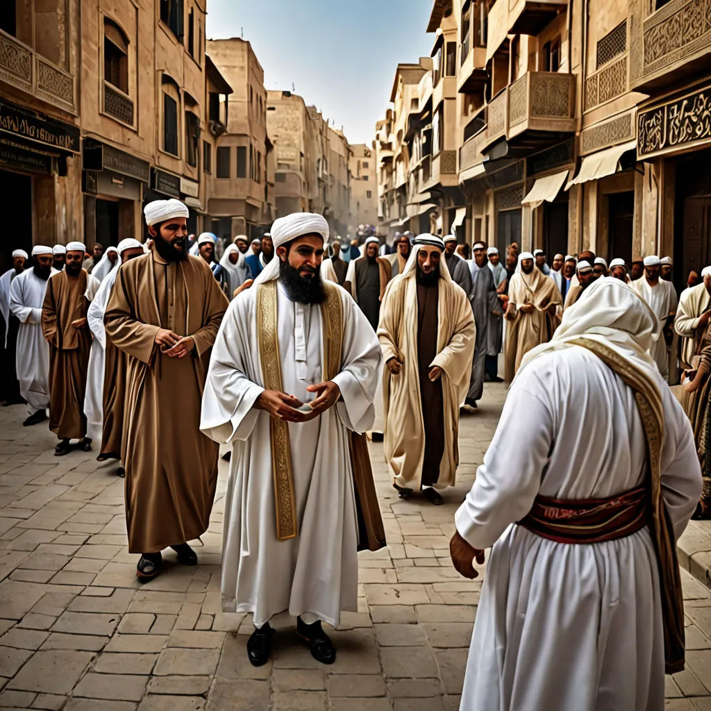 a group of men in white and brown robes standing in a street with buildings in the background and a crowd of people in white robes, hurufiyya, a detailed matte painting, Altoon Sultan, orientalism