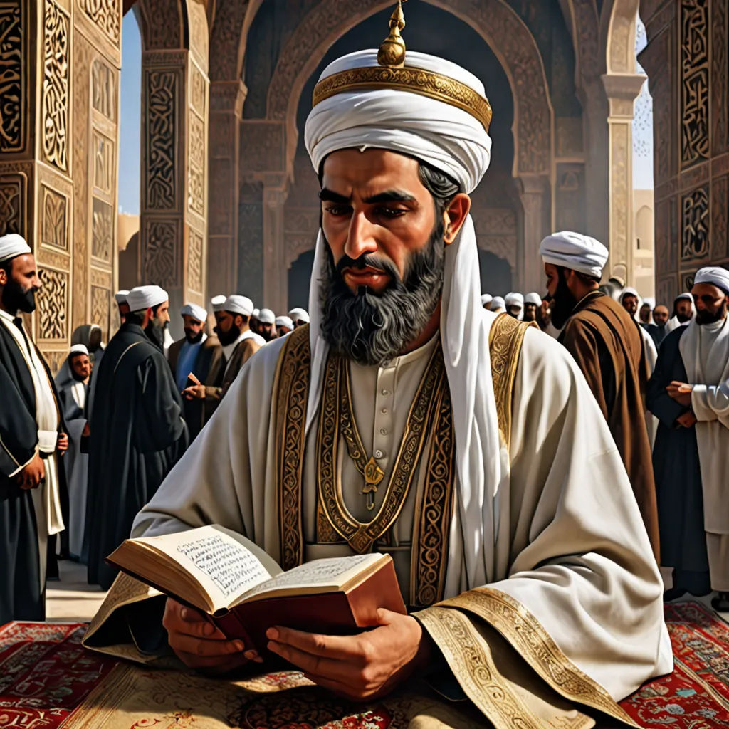 a painting of a man reading a book in a courtyard of a building with other men in the background, hurufiyya, a detailed painting, Altoon Sultan, art noveau