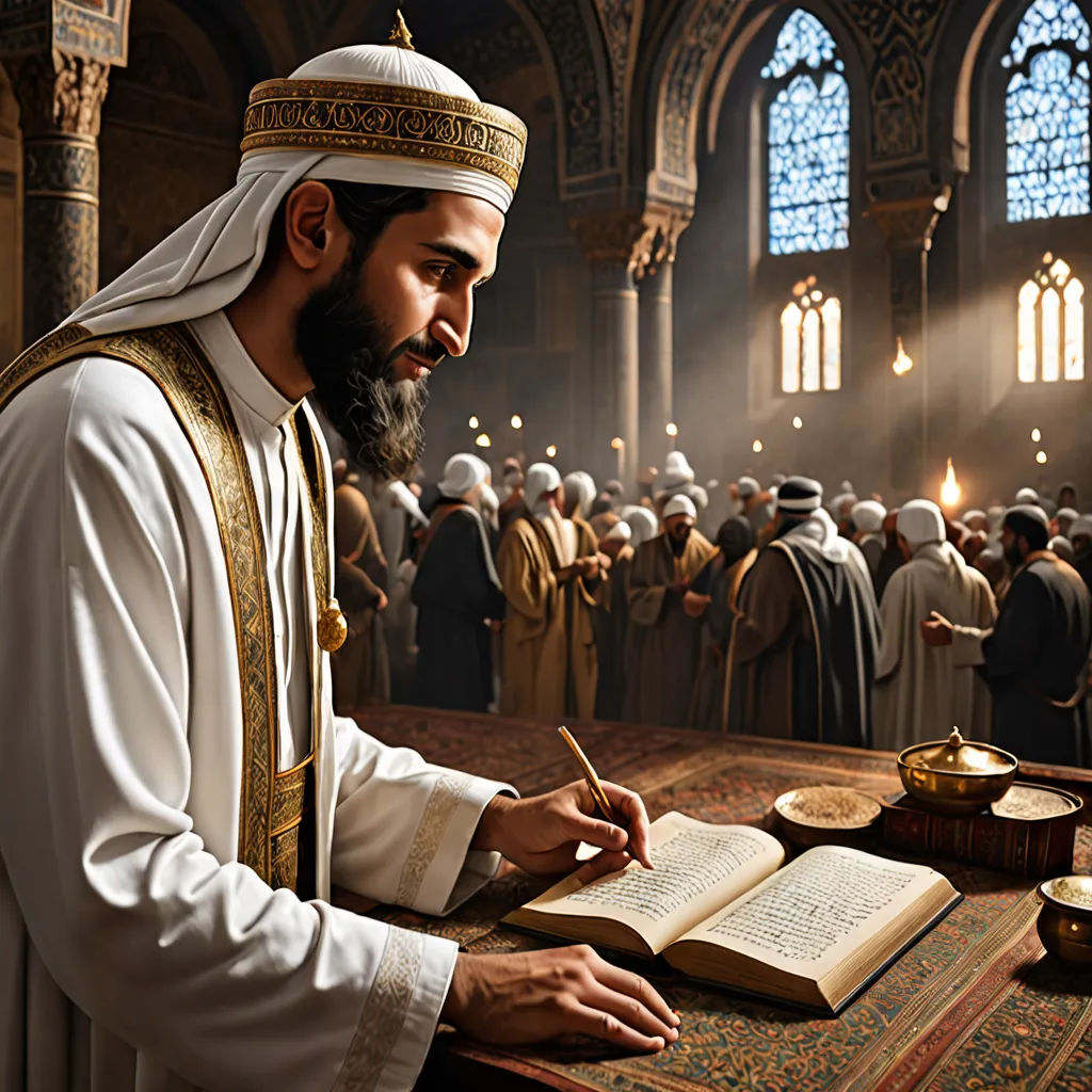 a man in a white robe is writing on a book in front of a large group of people in a church, hurufiyya, an ultrafine detailed painting, Altoon Sultan, highly detailed digital painting