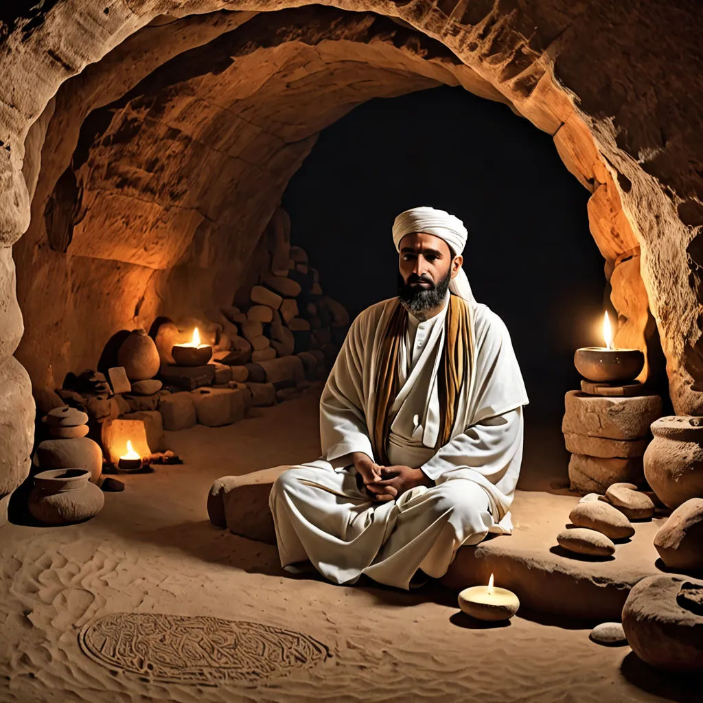 a man sitting in a cave with candles in the background and a stone tunnel in the foreground with a man sitting in the middle, art photography, egyptian art, Amir Zand, rembrandt lighting