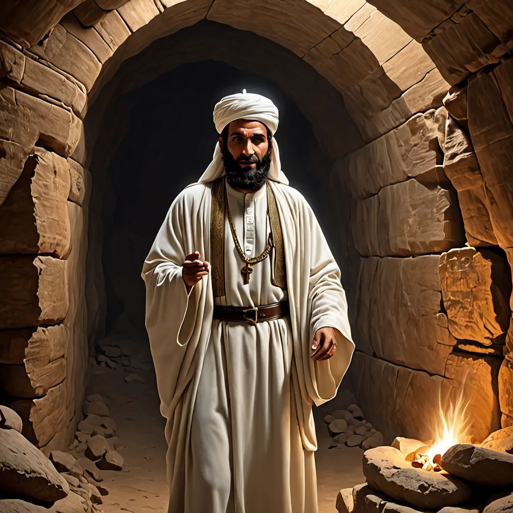 a man in a white robe standing in a tunnel with a light in his hand and a fire in his hand, hurufiyya, a detailed matte painting, Farid Mansour, rembrandt lighting