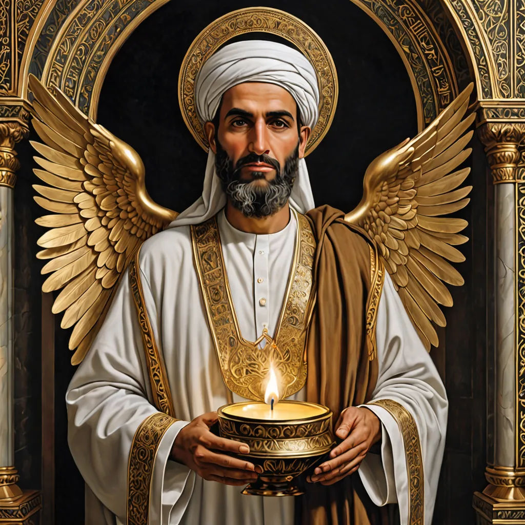 a painting of a man holding a candle in his hands with wings on it and a halo around his neck, qajar art, a painting, Fra Angelico, art noveau