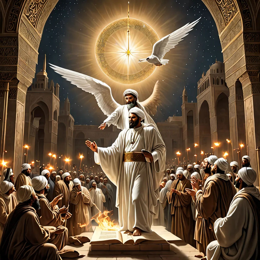 a painting of a man standing in front of a crowd of people with a dove above him and a dove above him, fantasy art, an ultrafine detailed painting, Christophe Vacher, radiant light