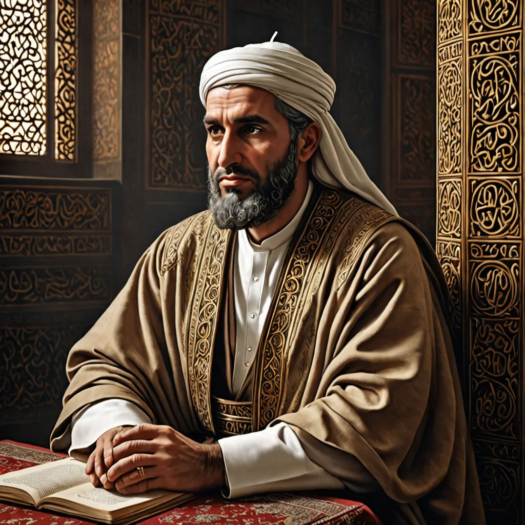 a painting of a man with a book in his hands and a beard and a white turban, hurufiyya, a detailed painting, Ahmed Karahisari, detailed painting