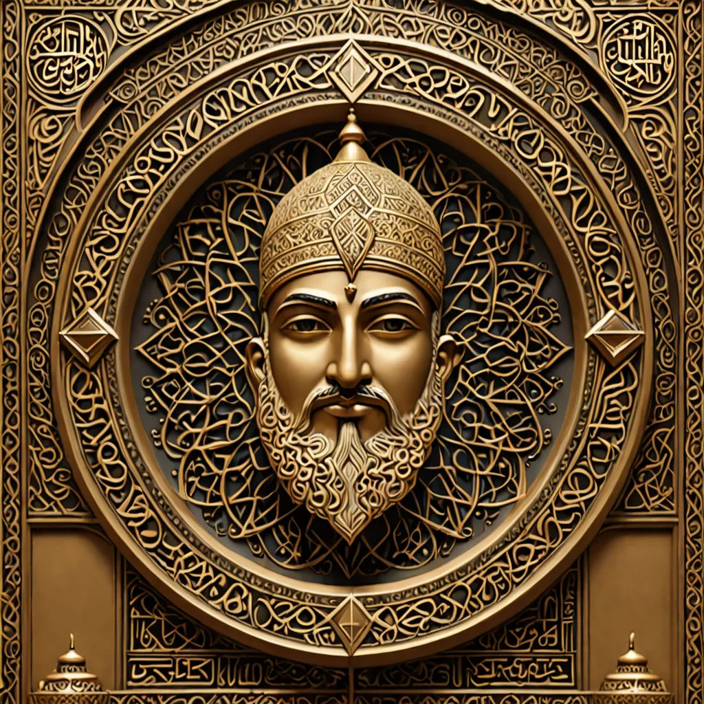 a golden statue of a man with a beard and a beard in a circle with a pattern on it, qajar art, a bronze sculpture, Altoon Sultan, art noveau