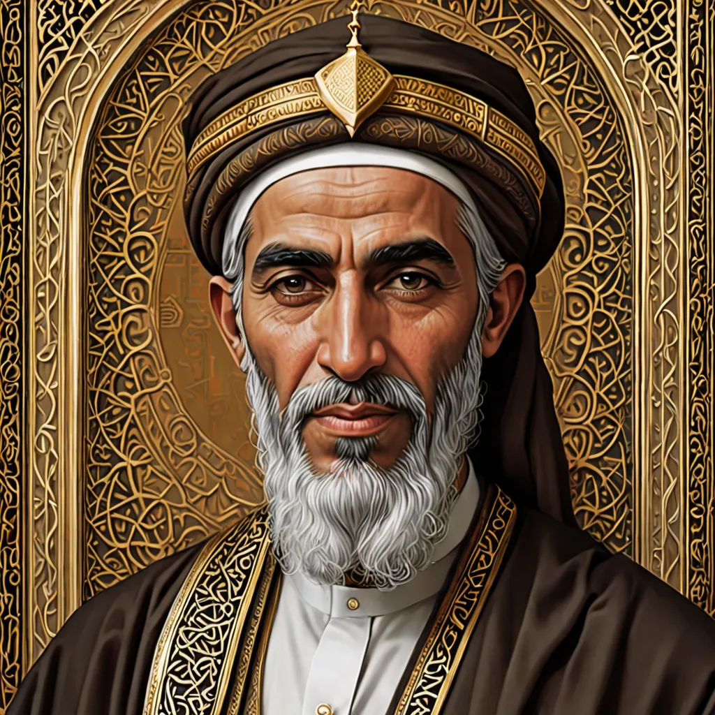 a painting of a man with a beard and a white beard wearing a brown outfit and a gold crown, qajar art, a detailed painting, Ahmed Karahisari, professional digital painting