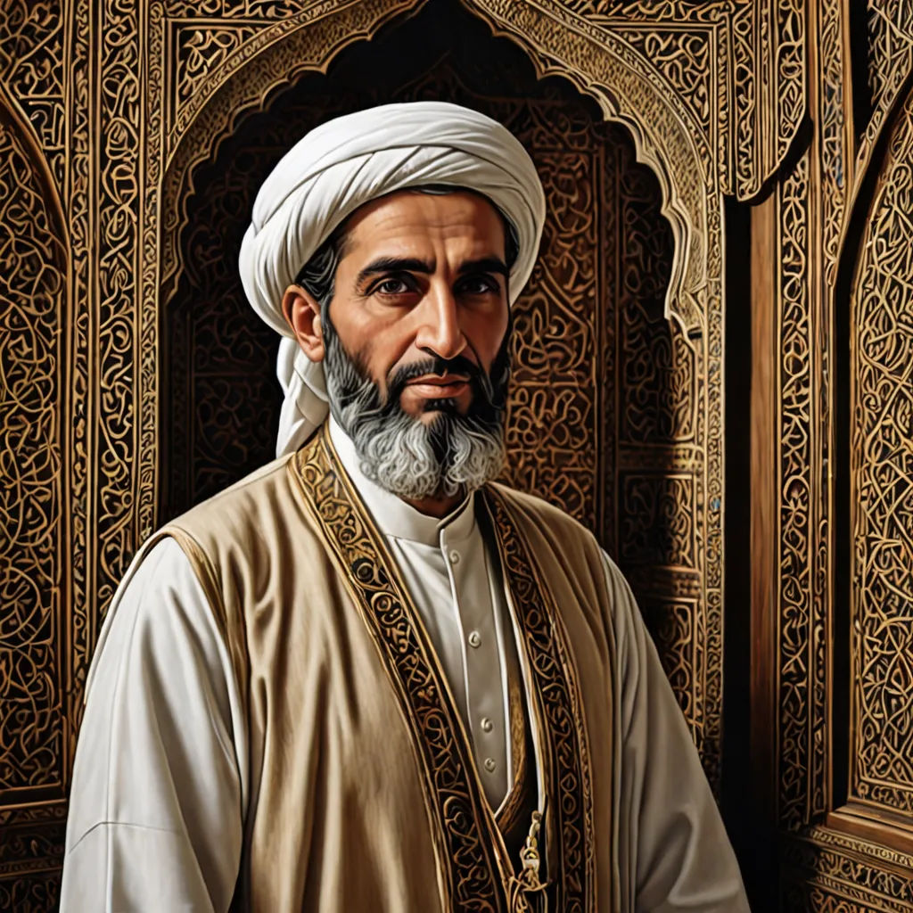 a painting of a man in a white turban and a white beard and wearing a gold outfit, photorealism, a photorealistic painting, Ahmed Karahisari, extremely detailed oil painting