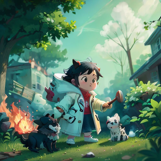 a girl in a park with her dogs and a fire in the background, with a house in the background