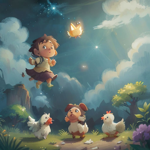 a boy flying through the air over a group of chickens in a field with a bird flying above him