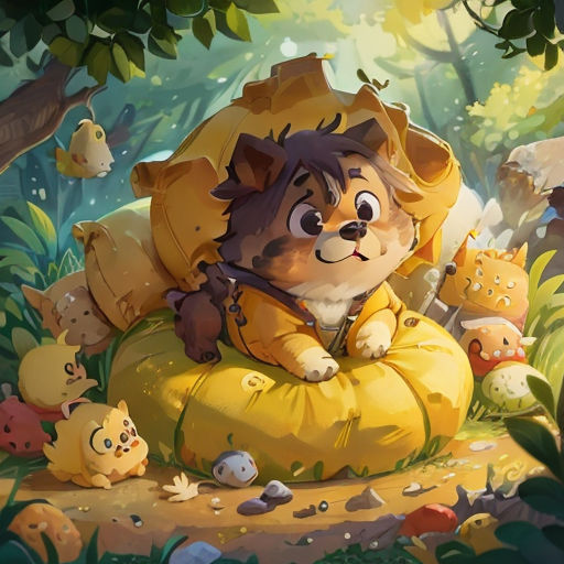 a cartoon cat sitting on a pillow in the woods with other cats around it and a tree in the background