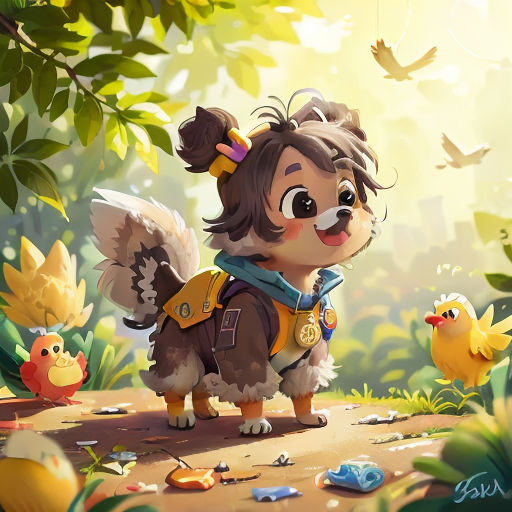 a dog with a bow on its head standing in the woods with other birds and birds around it,