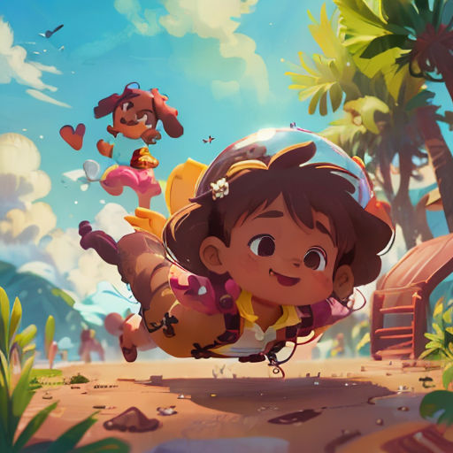 a cartoon character flying through the air over a forest and a beach with a dog on it's back