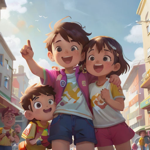 a group of children standing next to each other on a street with a sky background and clouds in the background