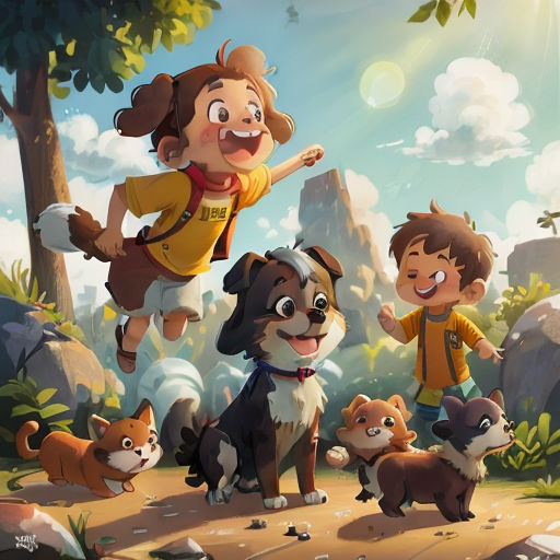 a boy and a girl are playing with dogs in the woods with a dog on his back and a dog on his shoulder