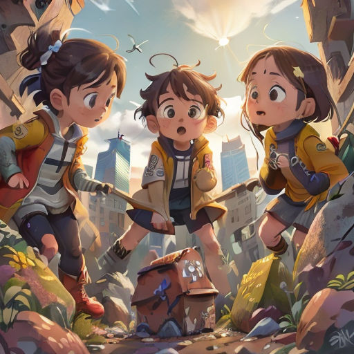 a group of children standing on top of a rocky hillside next to a cityscape with a bird flying overhead
