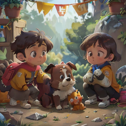 two children and a dog sitting on the ground in front of a forest with bunnies and bunnies