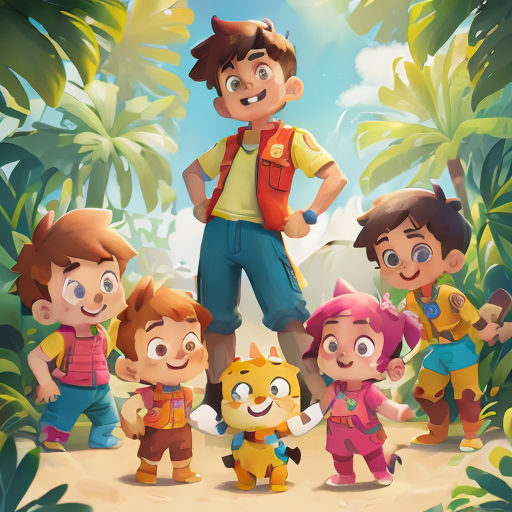 a group of children standing in front of a jungle scene with a man in the middle of the group