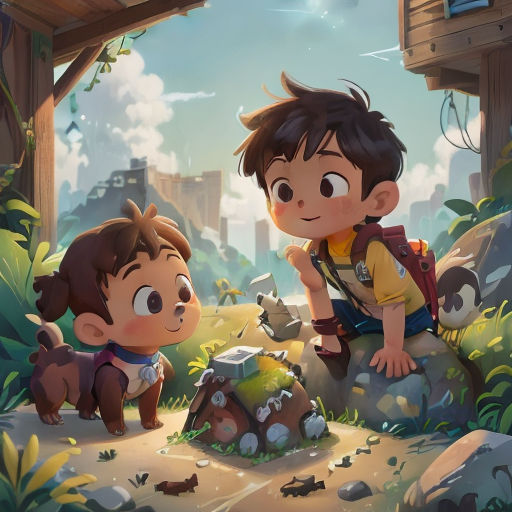 a boy and a girl are sitting on a rock in a forest looking at a dog that is standing on the ground