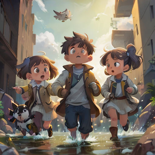 a group of children walking down a street next to a dog and a bird flying overhead in the sky