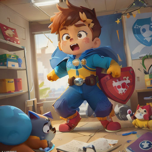 a cartoon character is standing in a room with toys and a cat on the floor and a dog on the floor