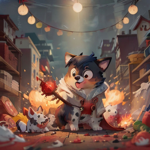 a dog with a fire in its mouth and a bunch of other dogs around him in a city street