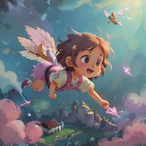 a girl flying through the air with a star in her hand and a bird flying above her head in the sky