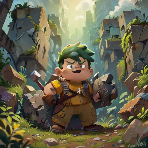 a cartoon character in a jungle setting with a giant axe and a large rock face in the background, with a green hair and a green hair