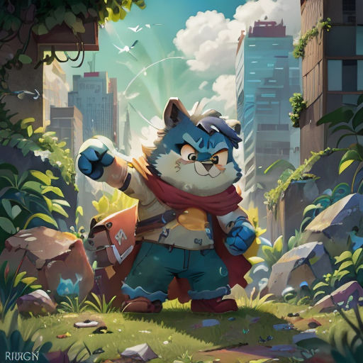 a cartoon character in a forest with a cat on his back and a city in the background, with a sky background