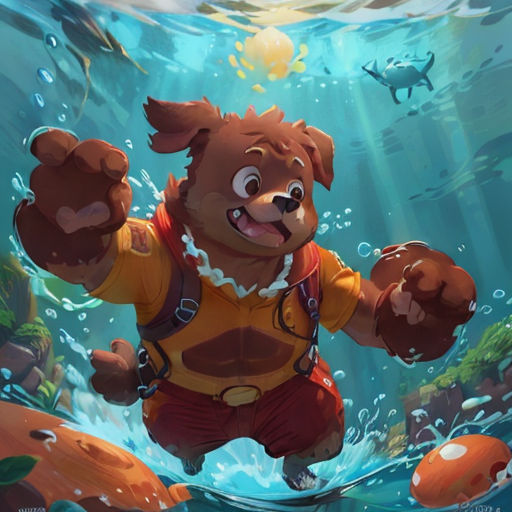 a cartoon bear is in the water with a life jacket on and a life jacket on his chest and a life jacket on