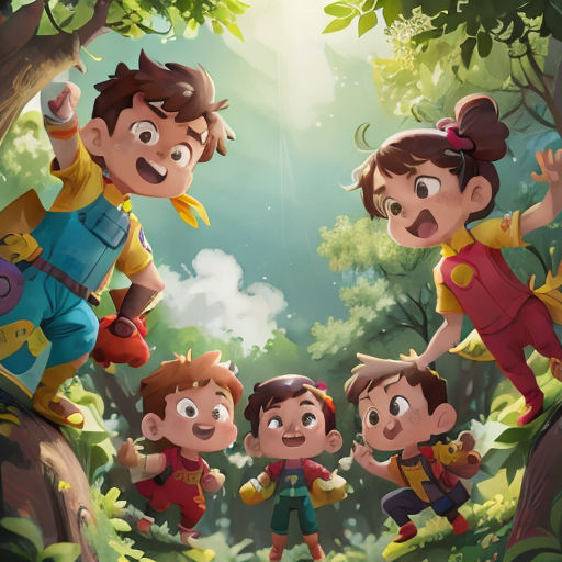 a group of cartoon characters standing in the woods with trees and plants behind them, with a man in the middle of the group