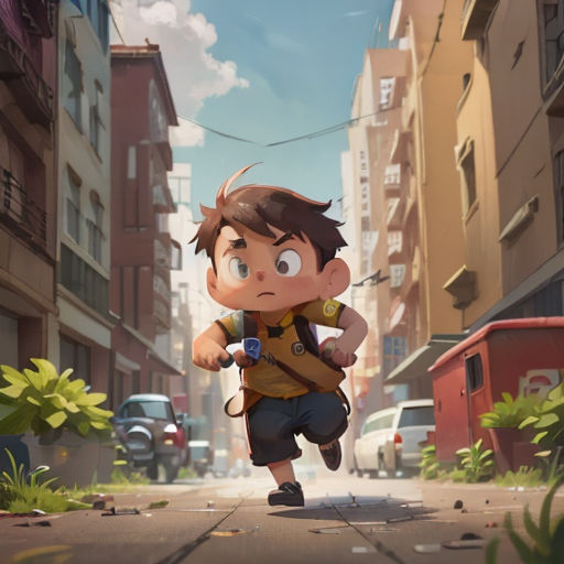 a boy with a backpack is walking down a street in a cartoon style, with buildings in the background