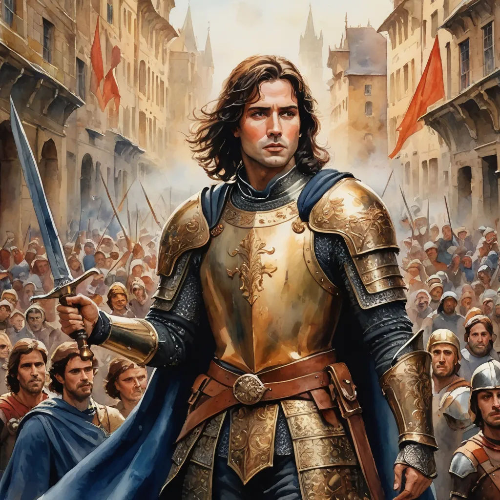 a painting of a man in armor holding a sword and a sword in his hand with a crowd of people behind him, fantasy art, a detailed painting, Donato Giancola, epic fantasy character art
