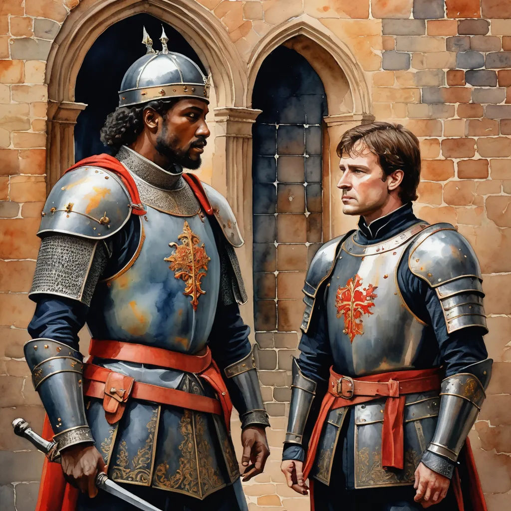 two men in armor standing next to each other in front of a building with a window and a stone wall, fantasy art, concept art, Brothers Hildebrandt, medieval