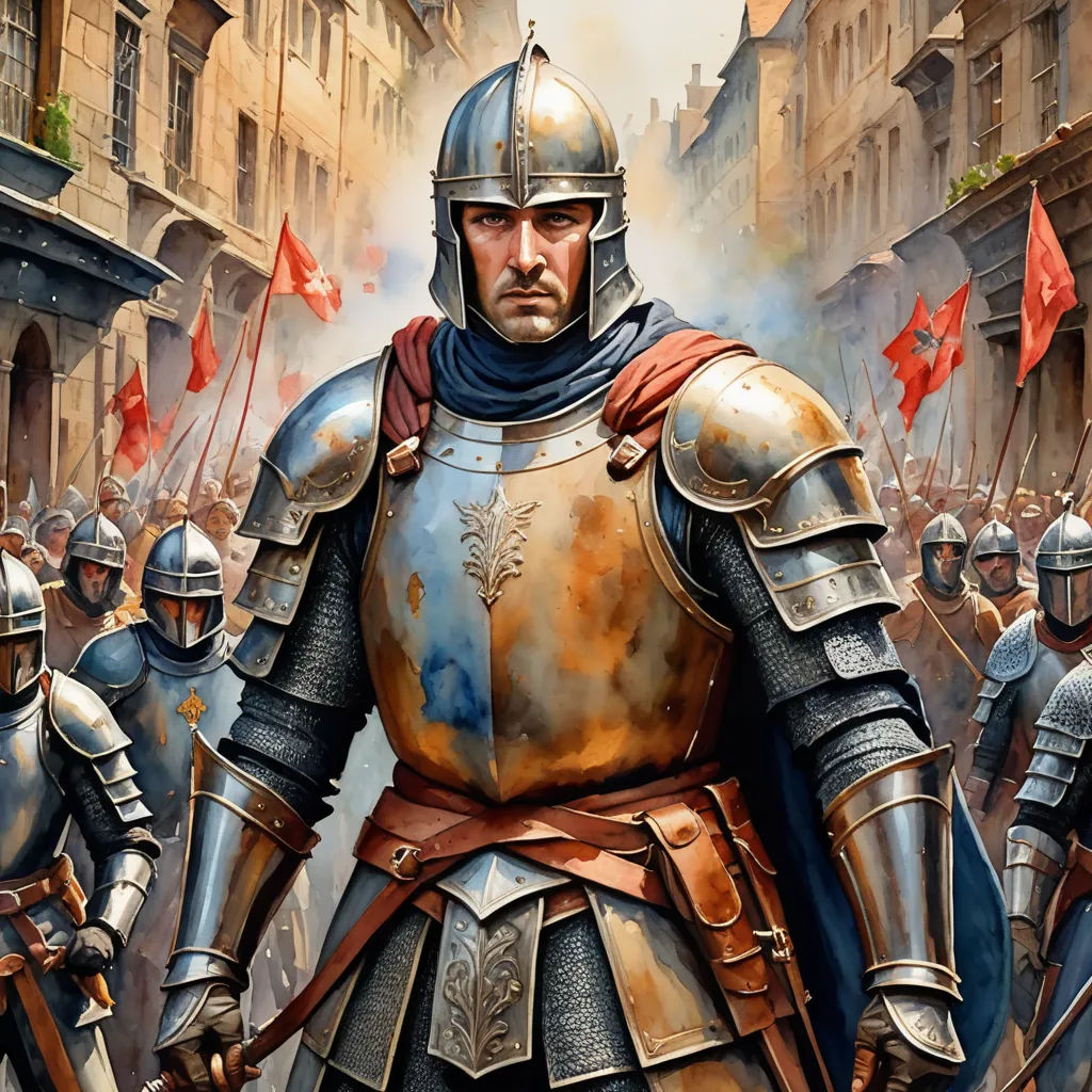 a painting of a man in armor surrounded by other men in armor and holding swords and shields in a city, antipodeans, a detailed painting, Donato Giancola, medieval