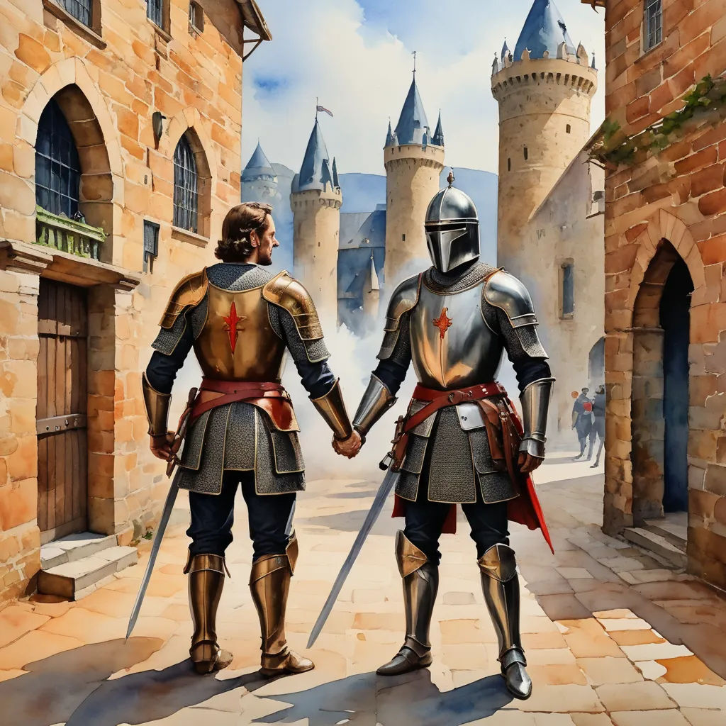 two knights in armor holding hands in a medieval setting with a castle in the background, painting by numbers, fantasy art, a storybook illustration, Brothers Hildebrandt, medieval