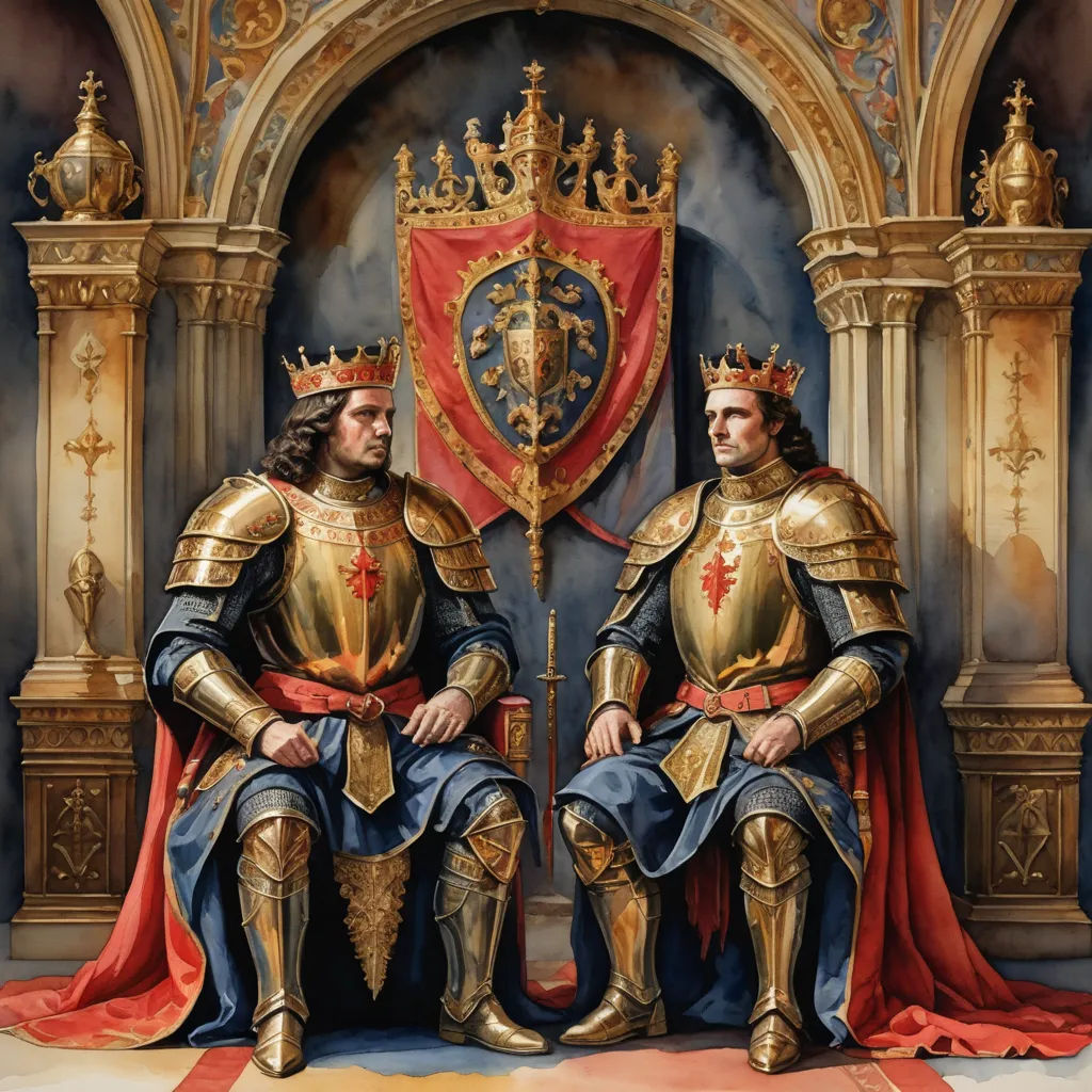 two men in gold and blue outfits sitting on a throne with a red and gold flag behind them and a red and gold flag, sots art, a detailed painting, Brothers Hildebrandt, highly detailed oil painting
