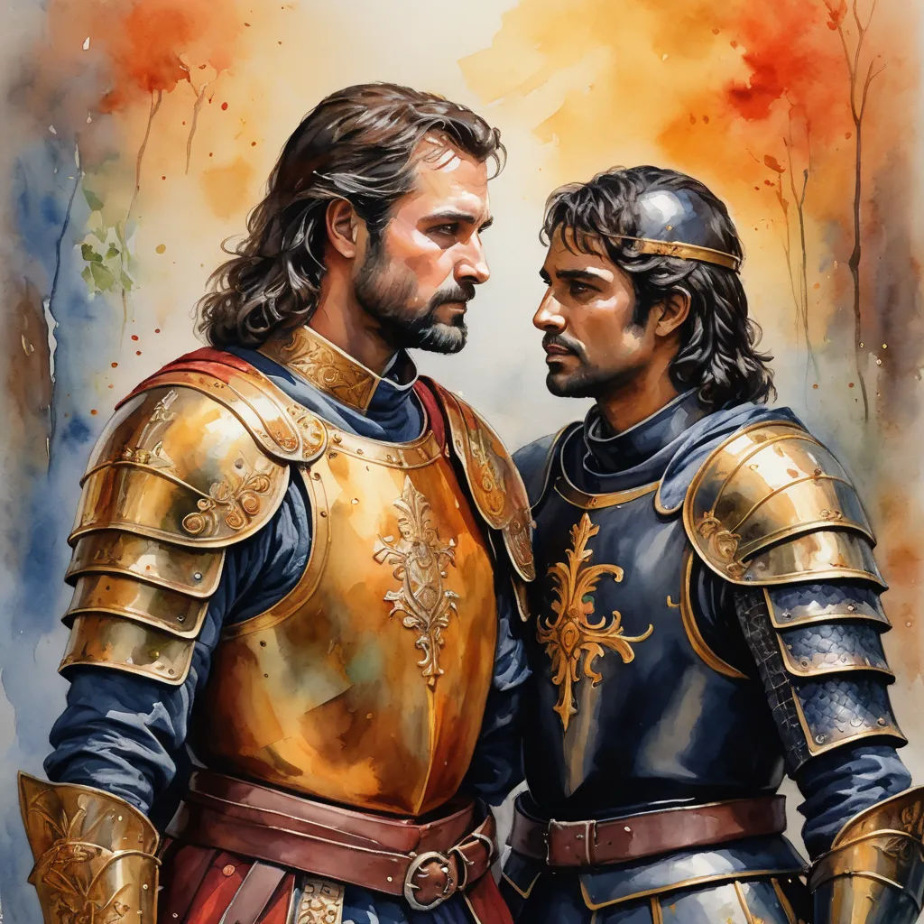 a painting of two men in armor standing next to each other with trees in the background and a red sky behind them, fantasy art, an ultrafine detailed painting, Brothers Hildebrandt, official art