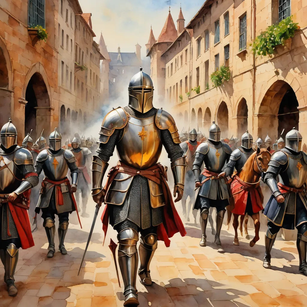 a painting of a group of knights in armor walking down a street with horses and a man in a red suit, antipodeans, concept art, Christophe Vacher, medieval