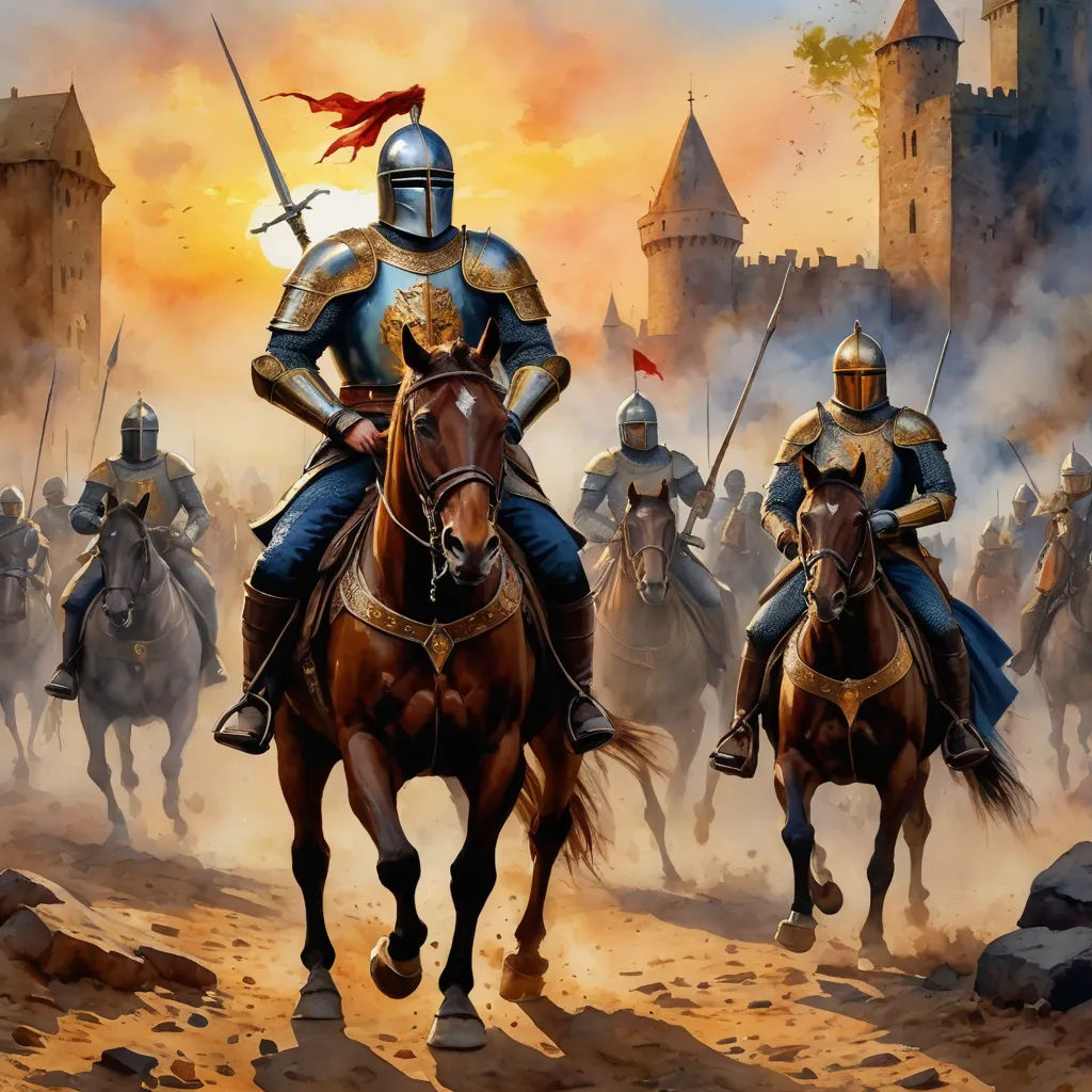 a painting of a group of men on horses with a castle in the background and a red flag flying above them, antipodeans, a detailed painting, Alex Horley-Orlandelli, medieval